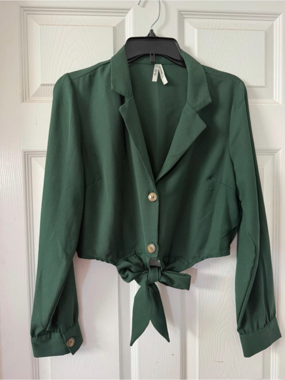 Truth NYC dark green cropped tie-front blazer top
